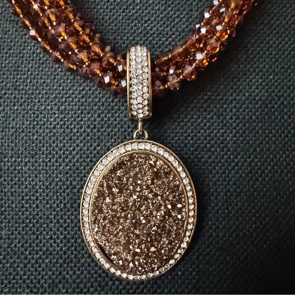 Joan Rivers Multi Strand Mocha Crystal Bead Druzy Rhinestone Pendant Necklace 18